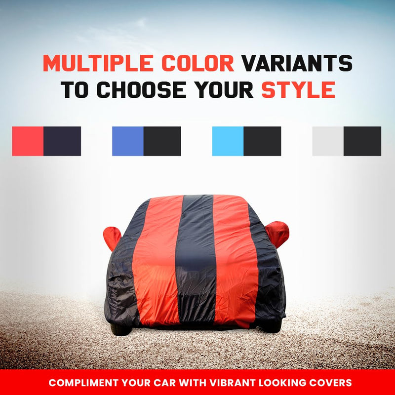 Autofact I20 New Car Cover - EasyShield - Car Body Cover for Hyundai I20 New - With Mirror Pockets, Triple Stitched, Bottom Fully Elastic, Adjustable Belt and Buckle (Red Blue Stripes)