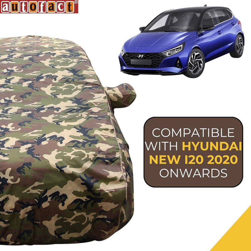 Autofact I20 New Car Cover - TearTough - Dog Proof / Waterproof Car Body Cover for Hyundai I20 New - With Mirror Pockets, Triple Stitched, Bottom Fully Elastic, Adjustable Belt and Buckle (Jungle Print 4x4)