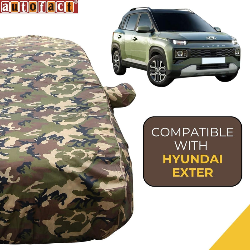 Autofact Exter Car Cover - TearTough - Dog Proof / Waterproof Car Body Cover for Hyundai Exter - With Mirror Pockets, Triple Stitched, Bottom Fully Elastic, Adjustable Belt and Buckle (Jungle Print 4x4)