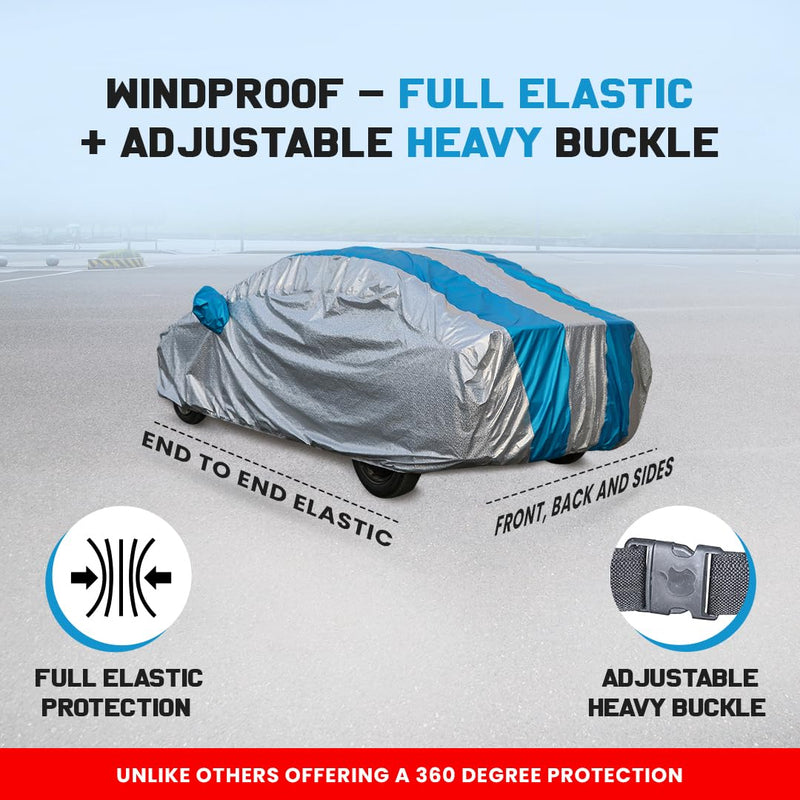 Autofact I20 New Car Cover - FlexGuard - Waterproof Car Body Cover for Hyundai I20 New - With Mirror Pockets, Triple Stitched, Bottom Fully Elastic, Adjustable Belt and Buckle (Silver / Blue Stripes)