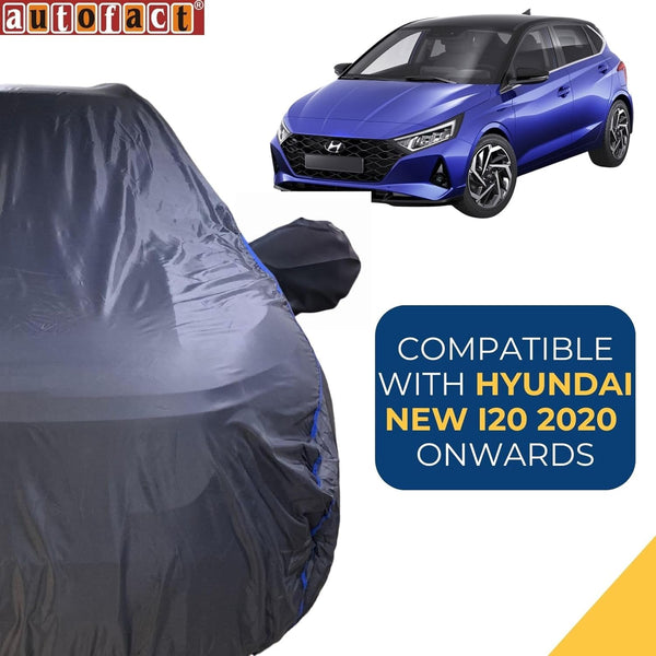 Autofact I20 New Car Cover - CoreProtect - Water Resistant Car Body Cover for Hyundai I20 New - With Mirror Pockets, Triple Stitched, Bottom Fully Elastic, Adjustable Belt and Buckle (Grey 210D)