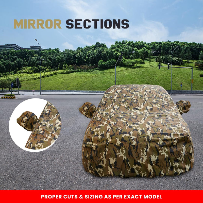 Autofact Exter Car Cover - FlexGuard - Waterproof Car Body Cover for Hyundai Exter - With Mirror Pockets, Triple Stitched, Bottom Fully Elastic, Adjustable Belt and Buckle (Camouflage)