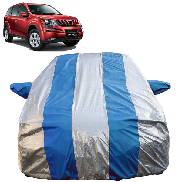 Autofact XUV 500 Car Cover - FlexGuard - Waterproof Car Body Cover for Mahindra XUV 500 - With Mirror Pockets, Triple Stitched, Bottom Fully Elastic, Adjustable Belt and Buckle (Silver / Blue Stripes)