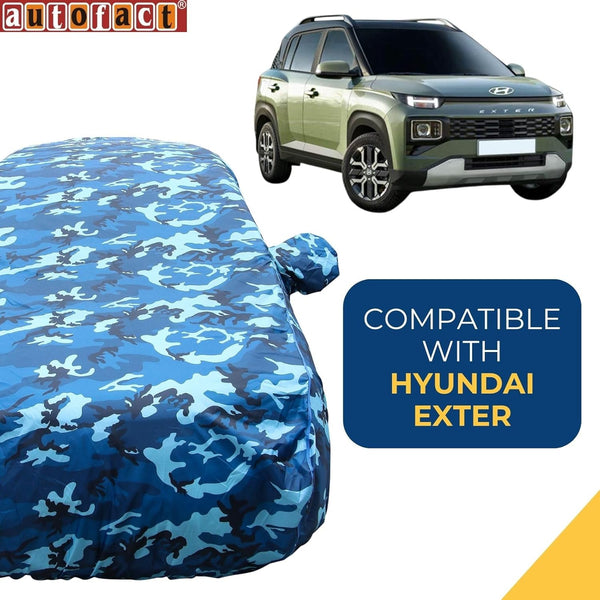 Autofact Exter Car Cover - TearTough - Dog Proof / Waterproof Car Body Cover for Hyundai Exter - With Mirror Pockets, Triple Stitched, Bottom Fully Elastic, Adjustable Belt and Buckle (Airforce Blue 4x4)