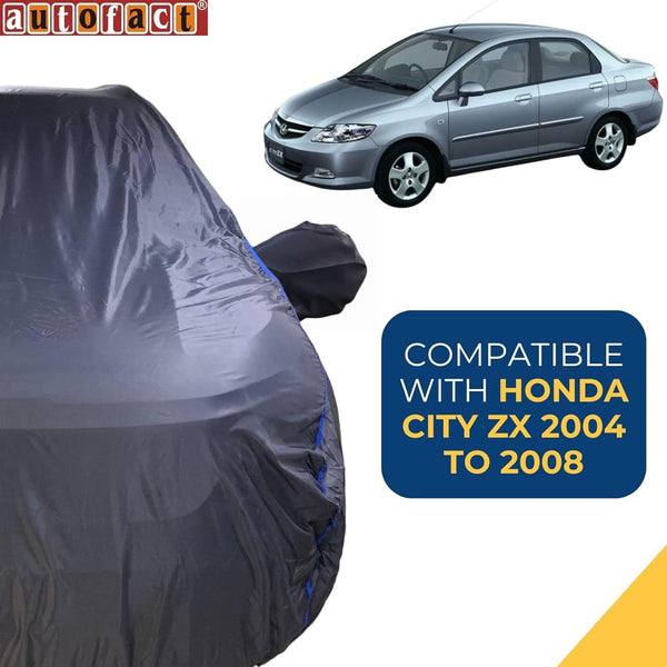 Autofact City Zx Car Cover - CoreProtect - Water Resistant Car Body Cover for Honda City Zx - With Mirror Pockets, Triple Stitched, Bottom Fully Elastic, Adjustable Belt and Buckle (Grey 210D)