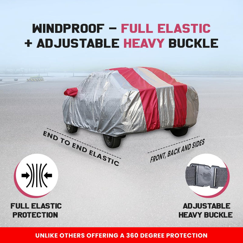 Autofact Exter Car Cover - FlexGuard - Waterproof Car Body Cover for Hyundai Exter - With Mirror Pockets, Triple Stitched, Bottom Fully Elastic, Adjustable Belt and Buckle (Silver / Pink Stripes)