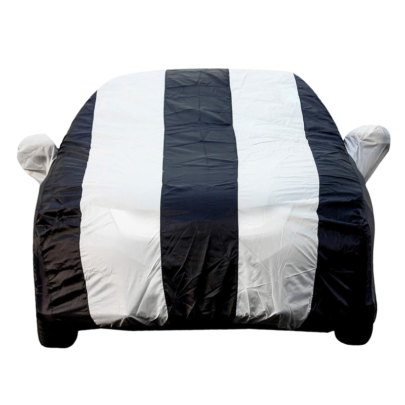 Autofact I20 New Car Cover - EasyShield - Car Body Cover for Hyundai I20 New - With Mirror Pockets, Triple Stitched, Bottom Fully Elastic, Adjustable Belt and Buckle (White Blue Stripes)