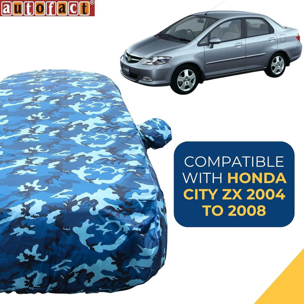 Autofact City Zx Car Cover - TearTough - Dog Proof / Waterproof Car Body Cover for Honda City Zx - With Mirror Pockets, Triple Stitched, Bottom Fully Elastic, Adjustable Belt and Buckle (Airforce Blue 4x4)