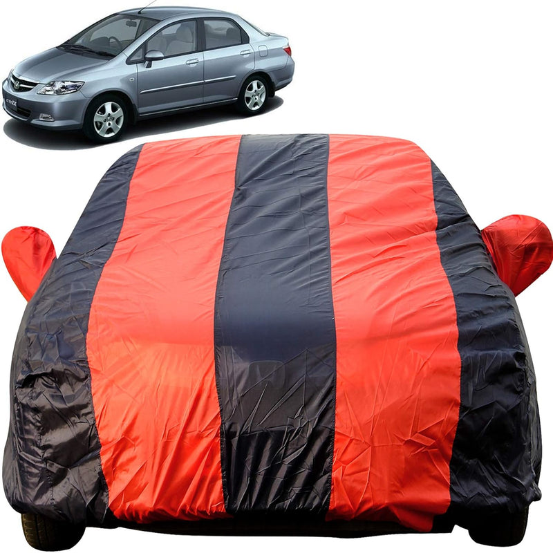 Autofact City Zx Car Cover - EasyShield - Car Body Cover for Honda City Zx - With Mirror Pockets, Triple Stitched, Bottom Fully Elastic, Adjustable Belt and Buckle (Red Blue Stripes)