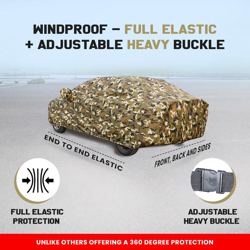 Autofact Exter Car Cover - FlexGuard - Waterproof Car Body Cover for Hyundai Exter - With Mirror Pockets, Triple Stitched, Bottom Fully Elastic, Adjustable Belt and Buckle (Camouflage)