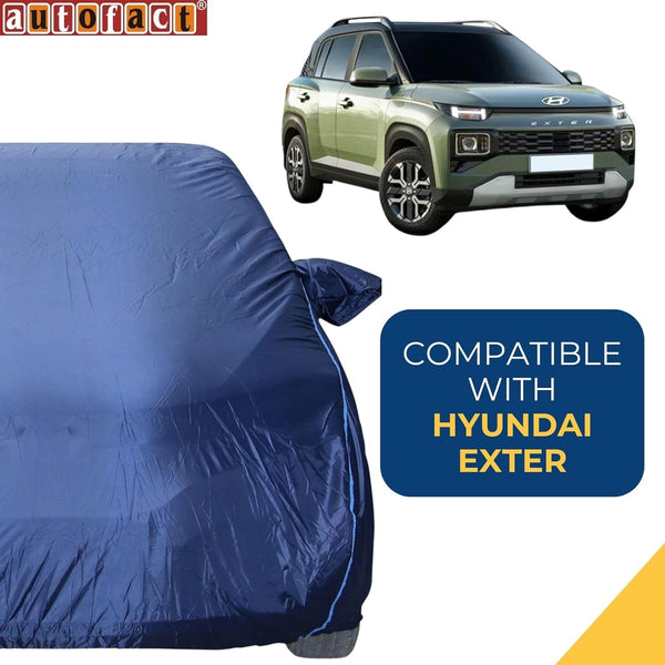 Autofact Exter Car Cover - CoreProtect - Water Resistant Car Body Cover for Hyundai Exter - With Mirror Pockets, Triple Stitched, Bottom Fully Elastic, Adjustable Belt and Buckle (Navy 210D)