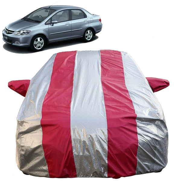 Autofact City Zx Car Cover - FlexGuard - Waterproof Car Body Cover for Honda City Zx - With Mirror Pockets, Triple Stitched, Bottom Fully Elastic, Adjustable Belt and Buckle (Silver / Pink Stripes)