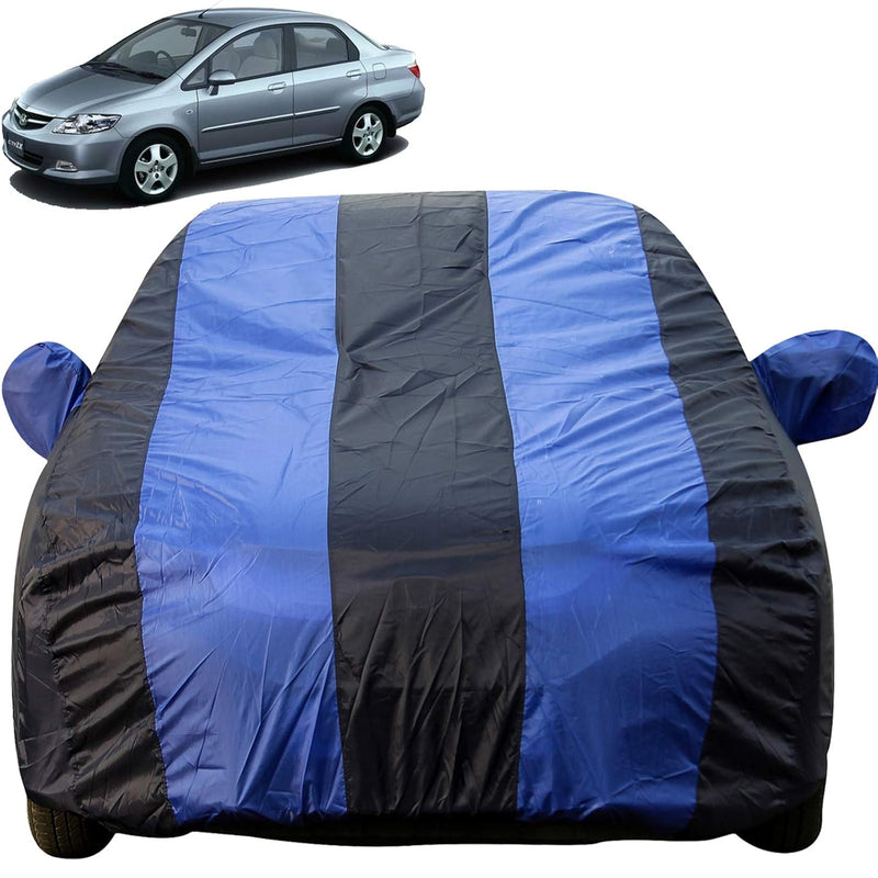 Autofact City Zx Car Cover - EasyShield - Car Body Cover for Honda City Zx - With Mirror Pockets, Triple Stitched, Bottom Fully Elastic, Adjustable Belt and Buckle (Royal Blue Stripes)