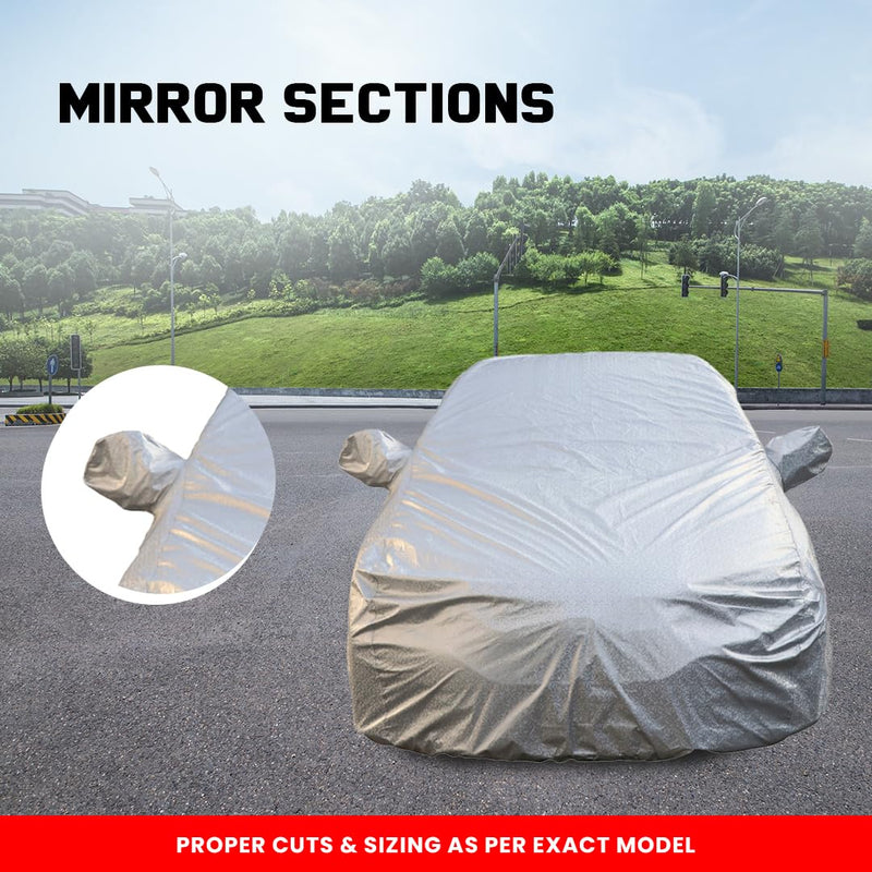 Autofact Exter Car Cover - FlexGuard - Waterproof Car Body Cover for Hyundai Exter - With Mirror Pockets, Triple Stitched, Bottom Fully Elastic, Adjustable Belt and Buckle (Silver)