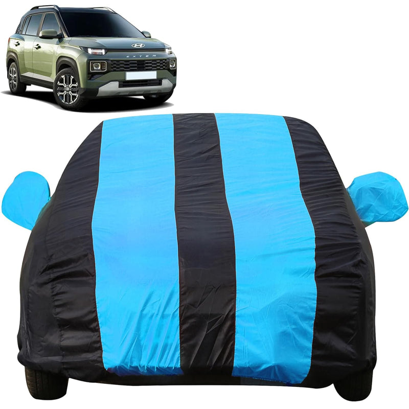 Autofact Exter Car Cover - EasyShield - Car Body Cover for Hyundai Exter - With Mirror Pockets, Triple Stitched, Bottom Fully Elastic, Adjustable Belt and Buckle (Teak Blue Stripes)