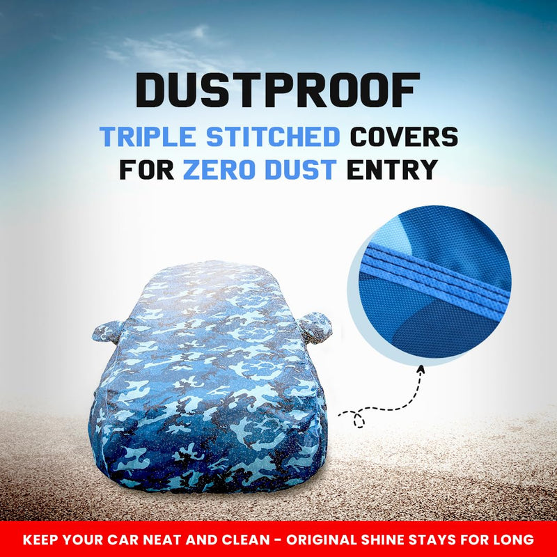 Autofact Exter Car Cover - TearTough - Dog Proof / Waterproof Car Body Cover for Hyundai Exter - With Mirror Pockets, Triple Stitched, Bottom Fully Elastic, Adjustable Belt and Buckle (Airforce Blue 4x4)