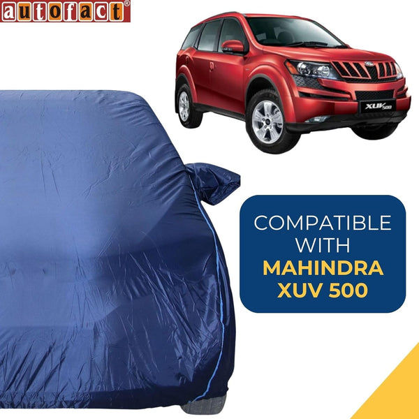 Autofact XUV 500 Car Cover - CoreProtect - Water Resistant Car Body Cover for Mahindra XUV 500 - With Mirror Pockets, Triple Stitched, Bottom Fully Elastic, Adjustable Belt and Buckle (Navy 210D)