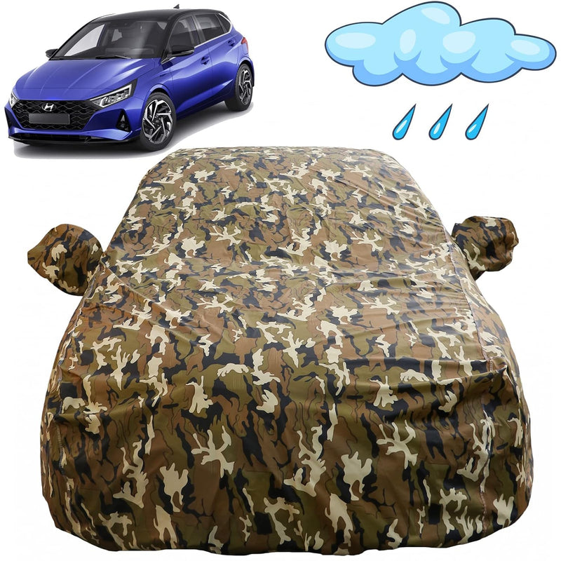 Autofact I20 New Car Cover - FlexGuard - Waterproof Car Body Cover for Hyundai I20 New - With Mirror Pockets, Triple Stitched, Bottom Fully Elastic, Adjustable Belt and Buckle (Camouflage)