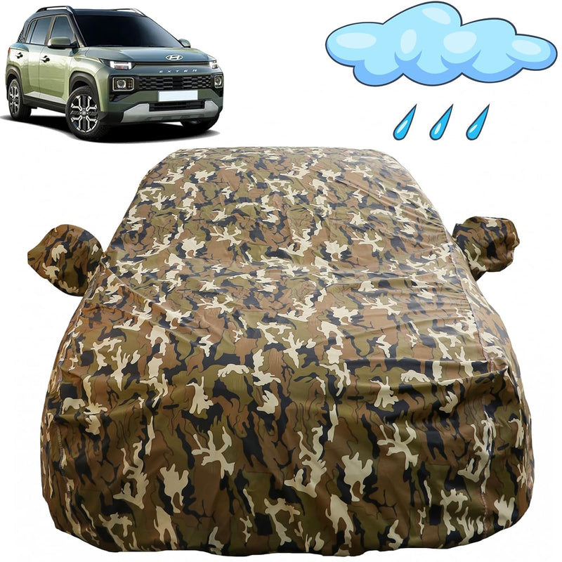 Autofact Exter Car Cover - FlexGuard - Waterproof Car Body Cover for Hyundai Exter - With Mirror Pockets, Triple Stitched, Bottom Fully Elastic, Adjustable Belt and Buckle (Camouflage)