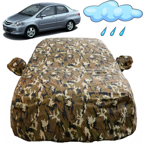 Autofact City Zx Car Cover - FlexGuard - Waterproof Car Body Cover for Honda City Zx - With Mirror Pockets, Triple Stitched, Bottom Fully Elastic, Adjustable Belt and Buckle (Camouflage)